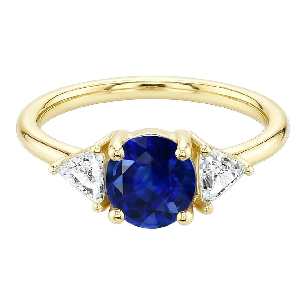 3 Stone Trilliant Natural Earth Mined Diamond Ring 2 Carats Yellow Gold Ceylon Sapphire