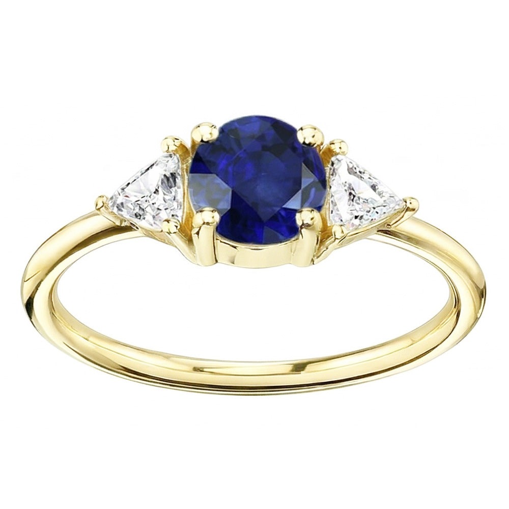 3 Stone Trilliant Natural Earth Mined Diamond Ring 2 Carats Yellow Gold Ceylon Sapphire