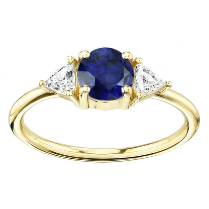 3 Stone Trilliant Natural Earth Mined Diamond Ring 2 Carats Yellow Gold Ceylon Sapphire