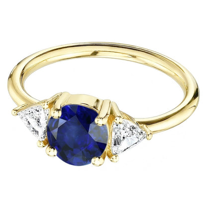 3 Stone Trilliant Natural Earth Mined Diamond Ring 2 Carats Yellow Gold Ceylon Sapphire