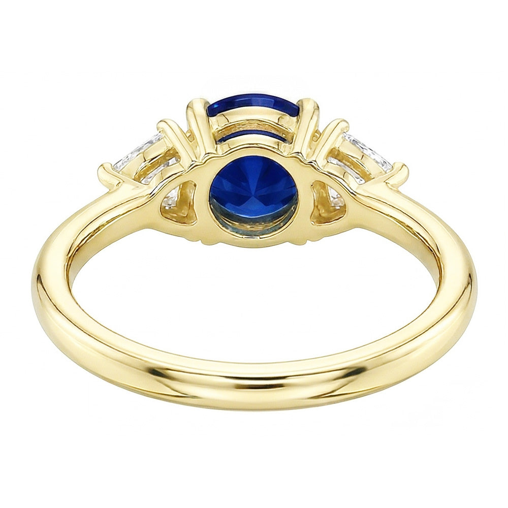 3 Stone Trilliant Natural Earth Mined Diamond Ring 2 Carats Yellow Gold Ceylon Sapphire
