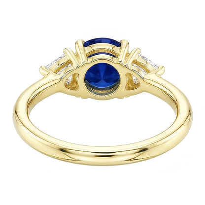 3 Stone Trilliant Natural Earth Mined Diamond Ring 2 Carats Yellow Gold Ceylon Sapphire