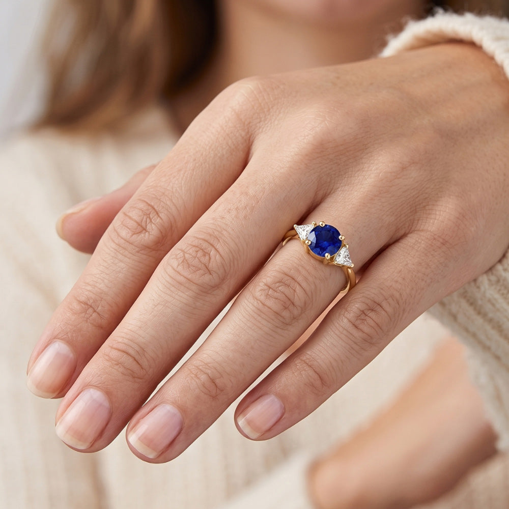 3 Stone Trilliant Natural Earth Mined Diamond Ring 2 Carats Yellow Gold Ceylon Sapphire
