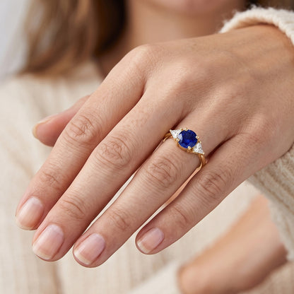3 Stone Trilliant Natural Earth Mined Diamond Ring 2 Carats Yellow Gold Ceylon Sapphire