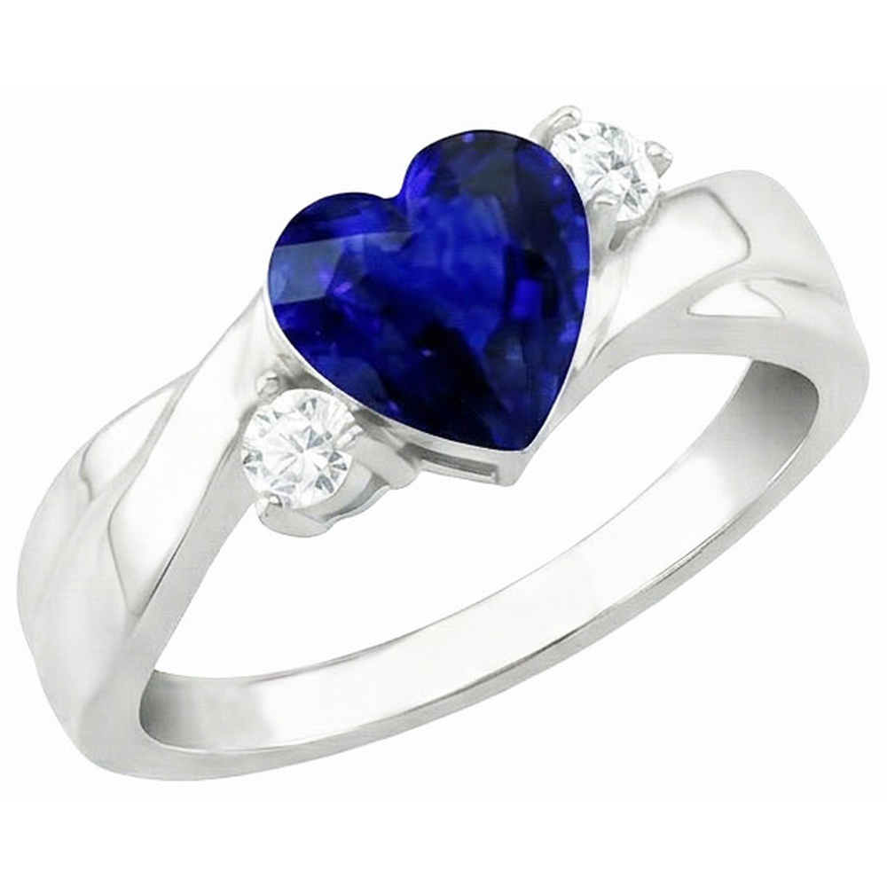 3 Stone Wedding Ring Blue Sapphire Heart & Round Natural Earth Mined Diamonds 1.75 Carats