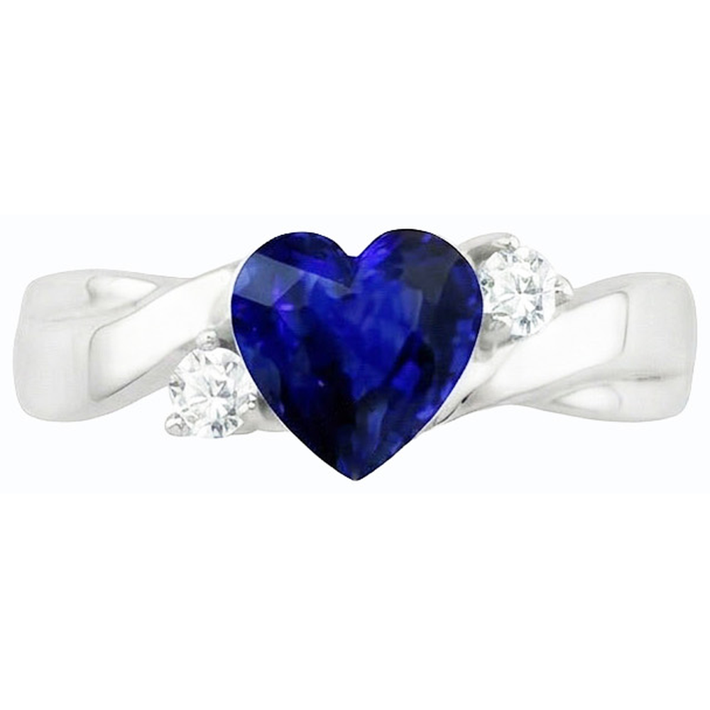 3 Stone Wedding Ring Blue Sapphire Heart & Round Natural Earth Mined Diamonds 1.75 Carats
