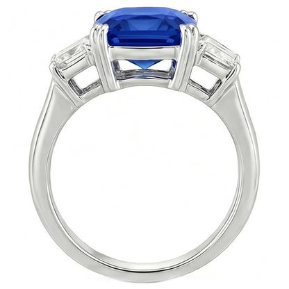 3 Stone Wedding Ring Cushion Sapphire & Trapezoid Natural Earth Mined Diamond 2.50 Carats