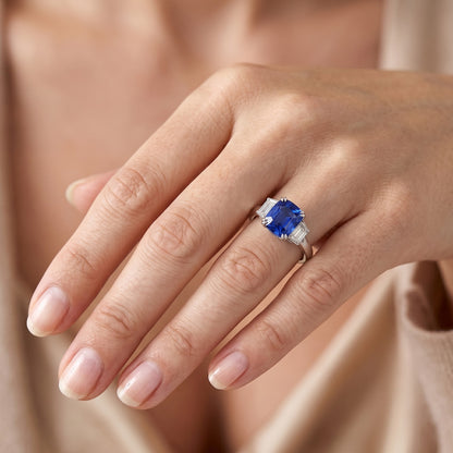 3 Stone Wedding Ring Cushion Sapphire & Trapezoid Natural Earth Mined Diamond 2.50 Carats