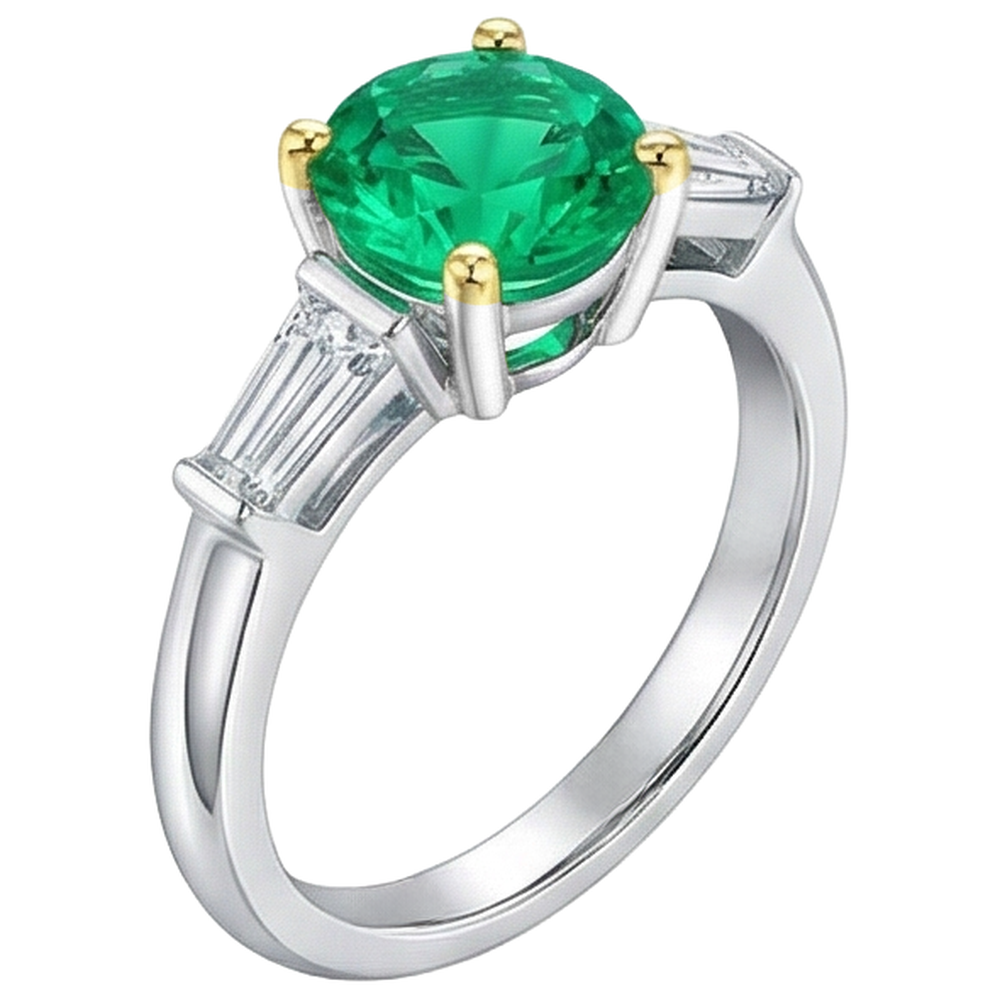 Natural Real ( Not Lab Grown ) 3 Stone Women's Ring Green Emerald GIA Baguette Diamonds