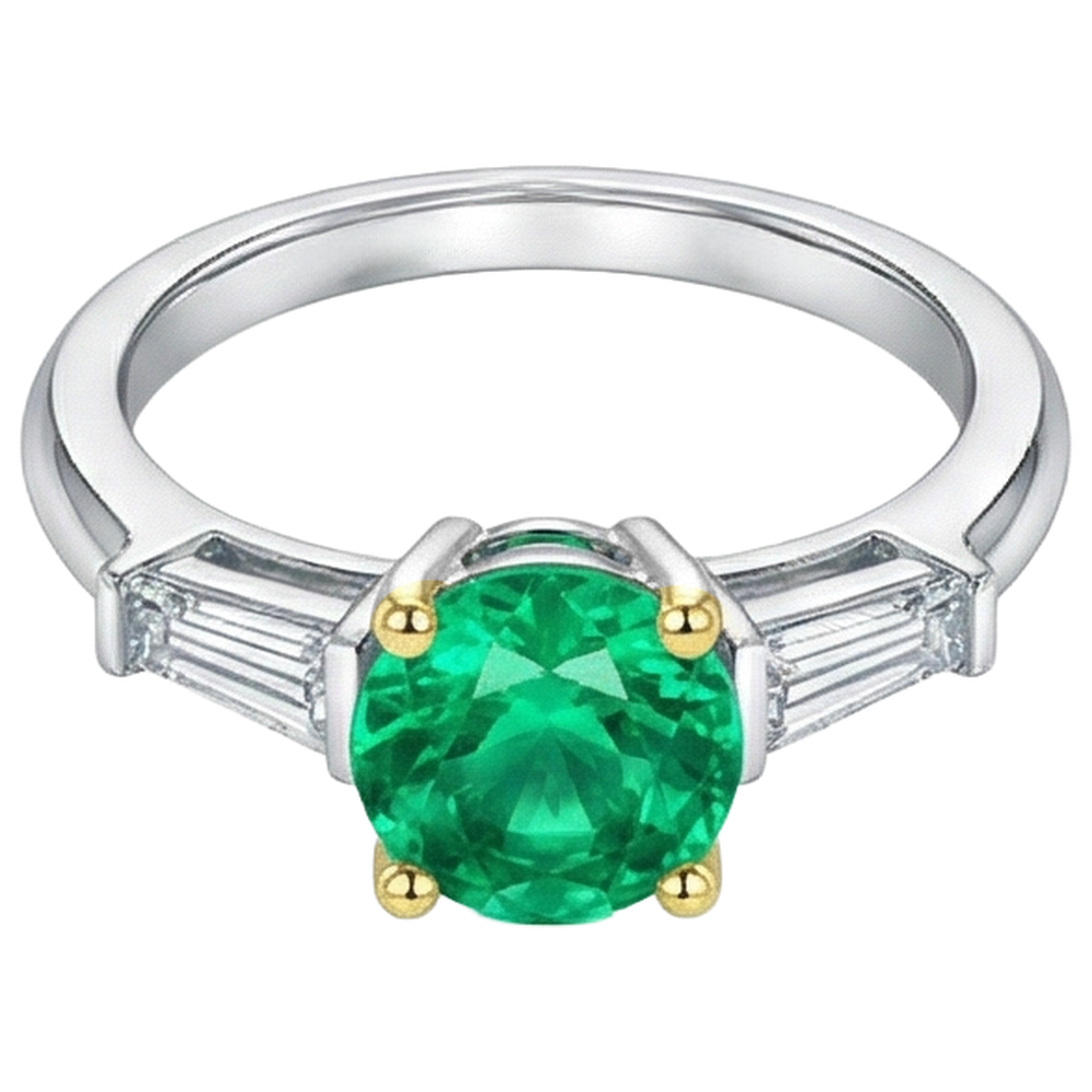 Natural Real ( Not Lab Grown ) 3 Stone Women's Ring Green Emerald GIA Baguette Diamonds