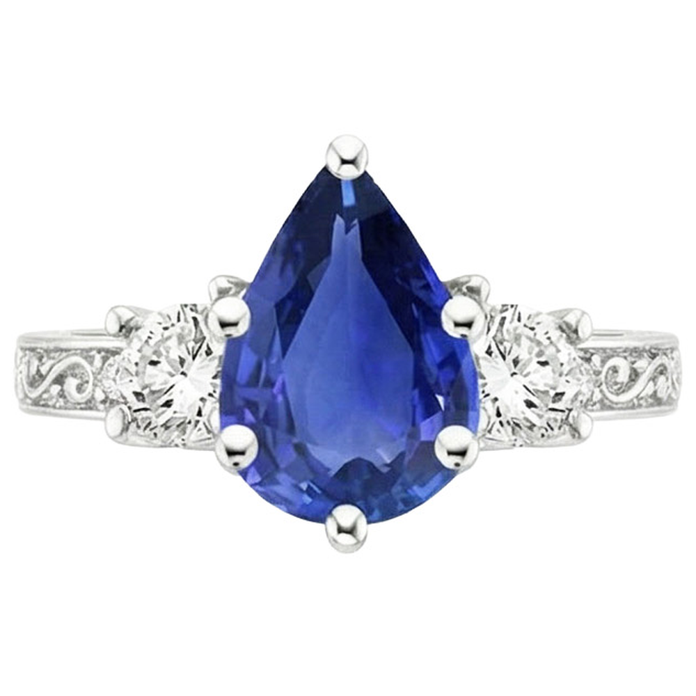 3 Stones Ring Antique Style Pear Blue Sapphire & Natural Earth Mined Diamonds 3.50 Carats