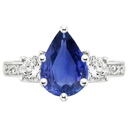 3 Stones Ring Antique Style Pear Blue Sapphire & Natural Earth Mined Diamonds 3.50 Carats