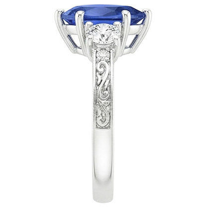 3 Stones Ring Antique Style Pear Blue Sapphire & Natural Earth Mined Diamonds 3.50 Carats