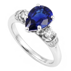3 Stones Ring Antique Style Pear Ceylon Sapphire & Natural Earth Mined Diamonds 2 Carats