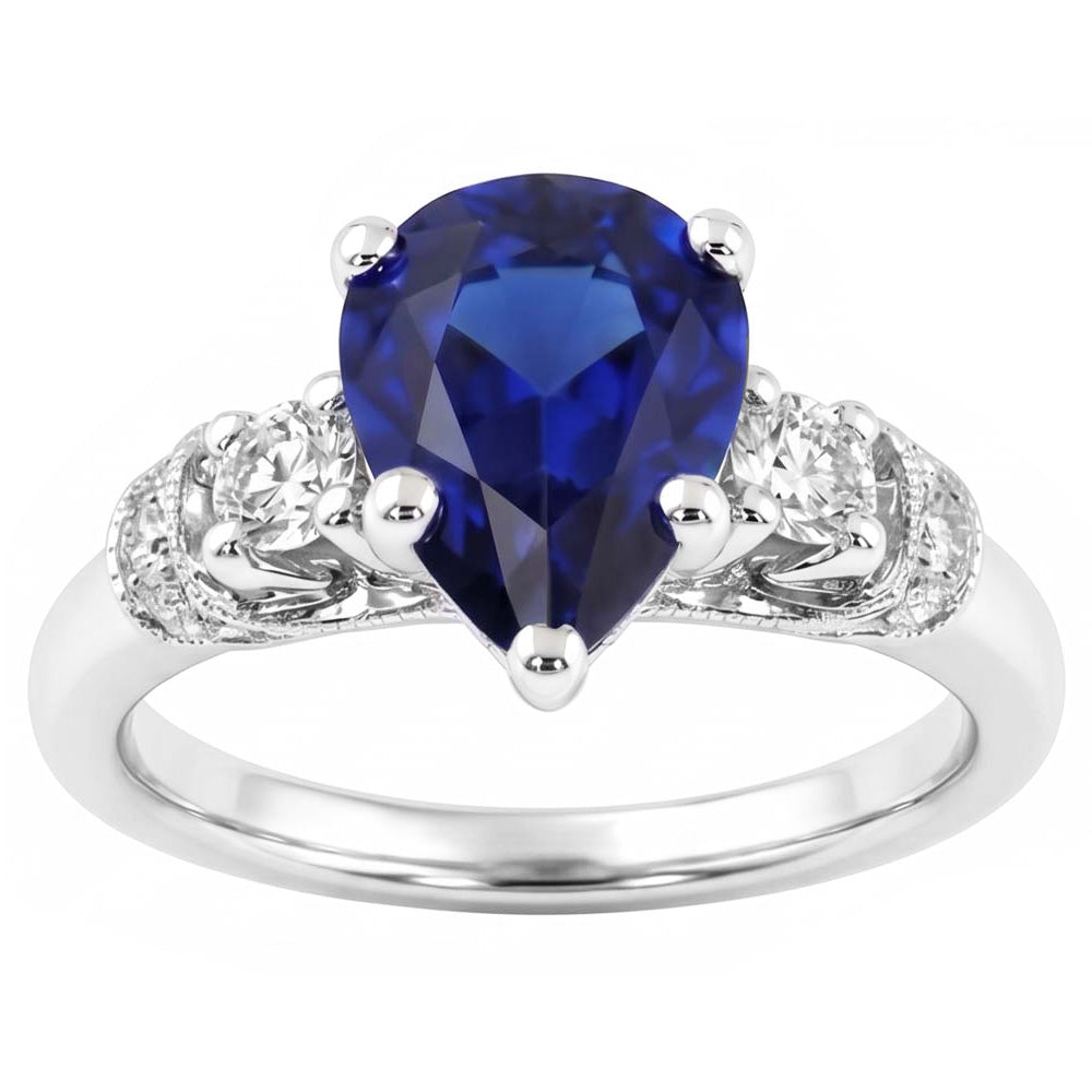 3 Stones Ring Antique Style Pear Ceylon Sapphire & Natural Earth Mined Diamonds 2 Carats