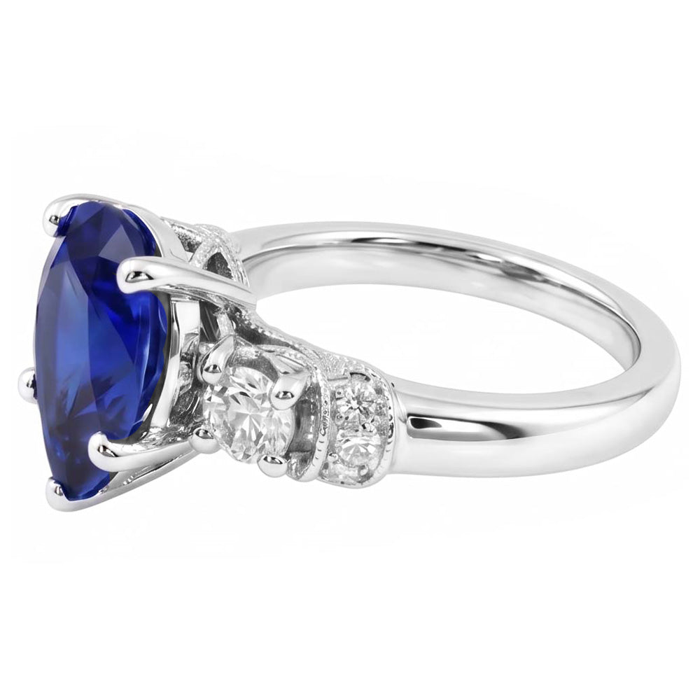 3 Stones Ring Antique Style Pear Ceylon Sapphire & Natural Earth Mined Diamonds 2 Carats