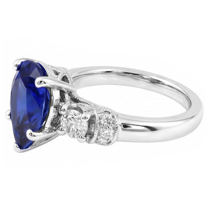 3 Stones Ring Antique Style Pear Ceylon Sapphire & Natural Earth Mined Diamonds 2 Carats