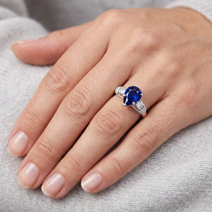 3 Stones Ring Antique Style Pear Ceylon Sapphire & Natural Earth Mined Diamonds 2 Carats