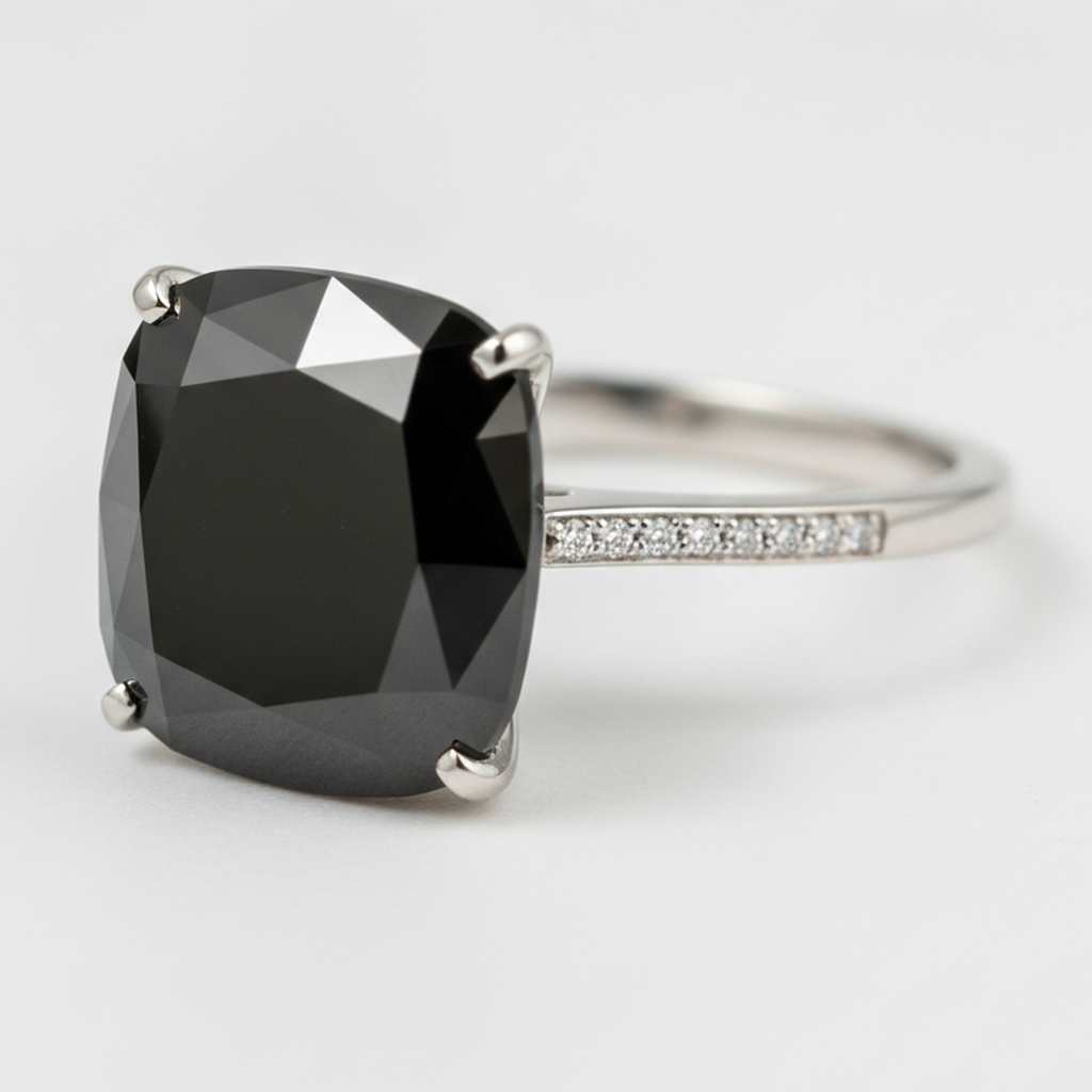 3 Carat Cushion Black Diamond Solitaire Ring Natural 14K White Gold