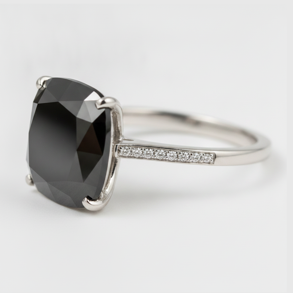 3 Carat Cushion Black Diamond Solitaire Ring Natural 14K White Gold