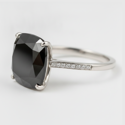 3 Carat Cushion Black Diamond Solitaire Ring Natural 14K White Gold