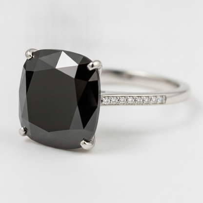 3 Carat Cushion Black Diamond Solitaire Ring Natural 14K White Gold