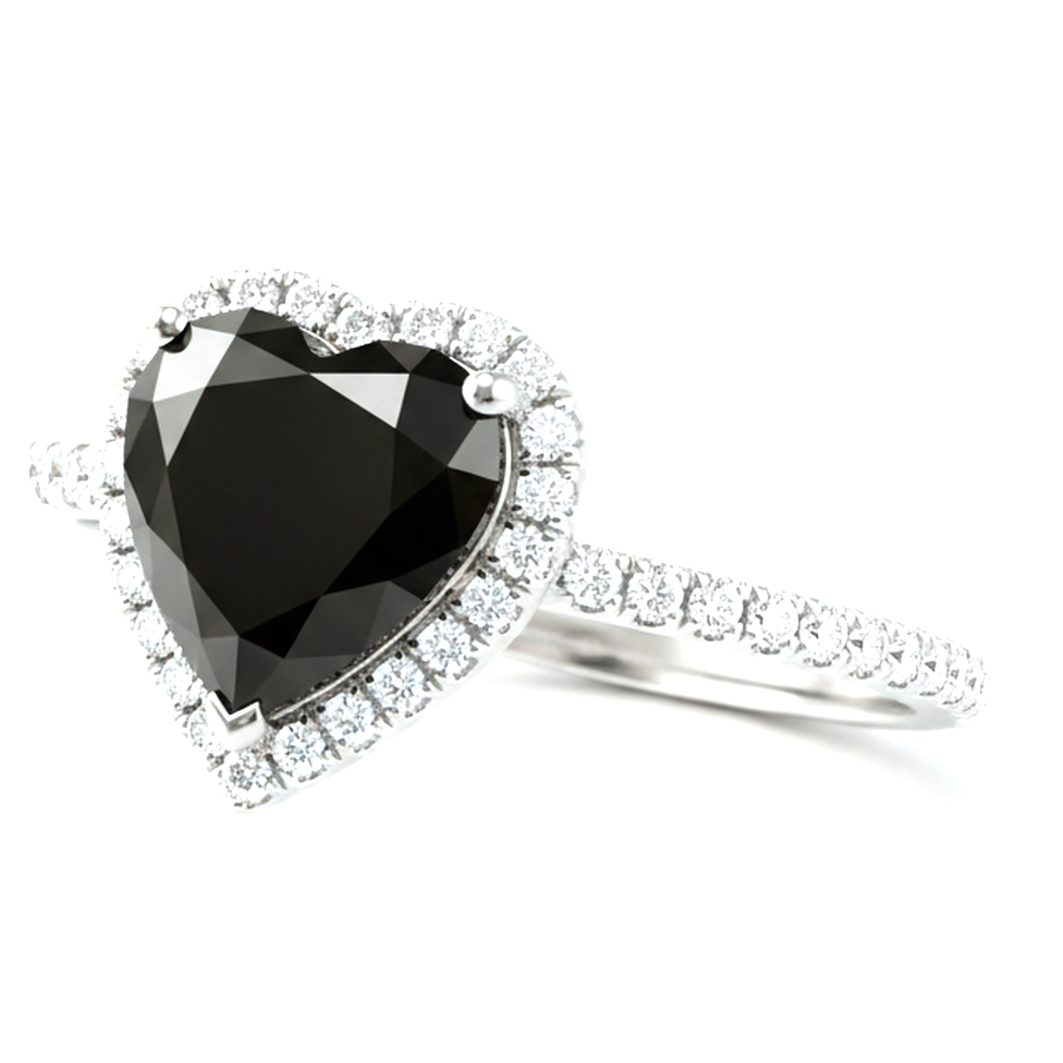 3 Carat Heart Black Diamond and White Diamond Halo Ring Natural 14K White Gold