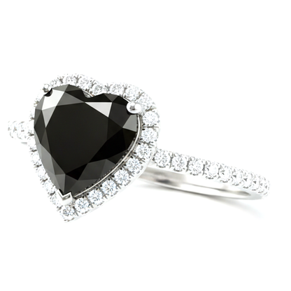 3 Carat Heart Black Diamond and White Diamond Halo Ring Natural 14K White Gold