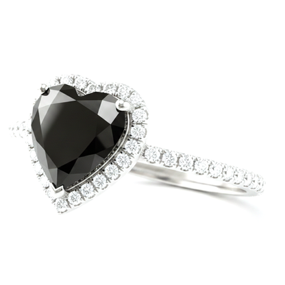 3 Carat Heart Black Diamond and White Diamond Halo Ring Natural 14K White Gold