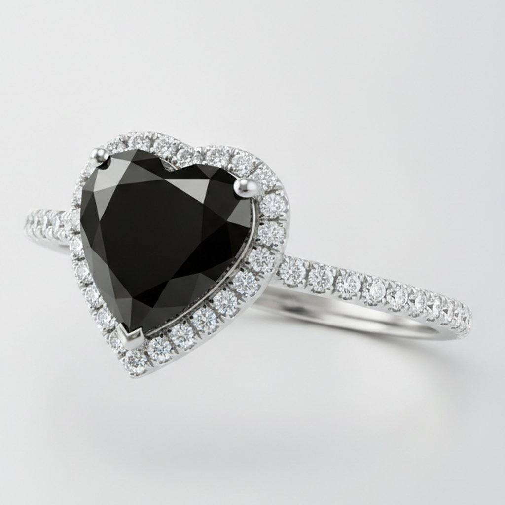 3 Carat Heart Black Diamond and White Diamond Halo Ring Natural 14K White Gold