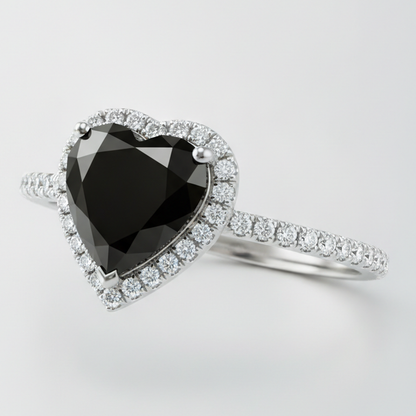 3 Carat Heart Black Diamond and White Diamond Halo Ring Natural 14K White Gold