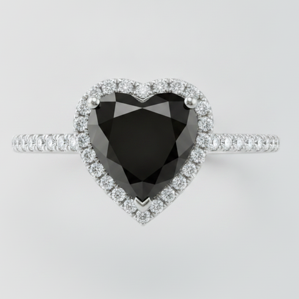 3 Carat Heart Black Diamond and White Diamond Halo Ring Natural 14K White Gold