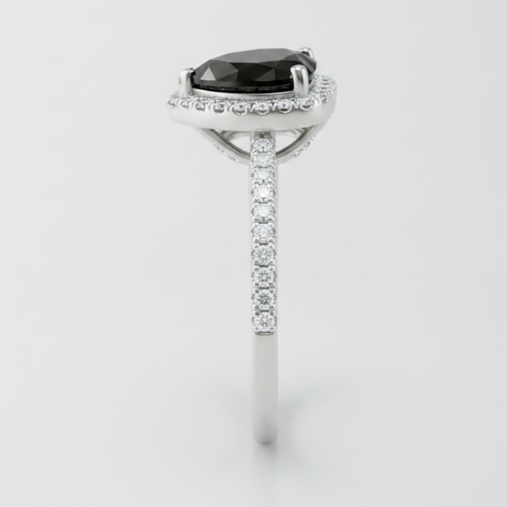 3 Carat Heart Black Diamond and White Diamond Halo Ring Natural 14K White Gold