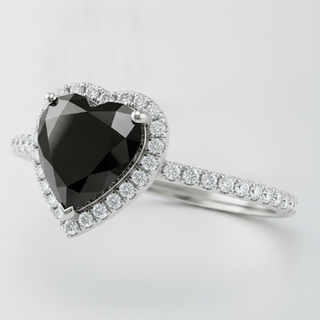 3 Carat Heart Black Diamond and White Diamond Halo Ring Natural 14K White Gold