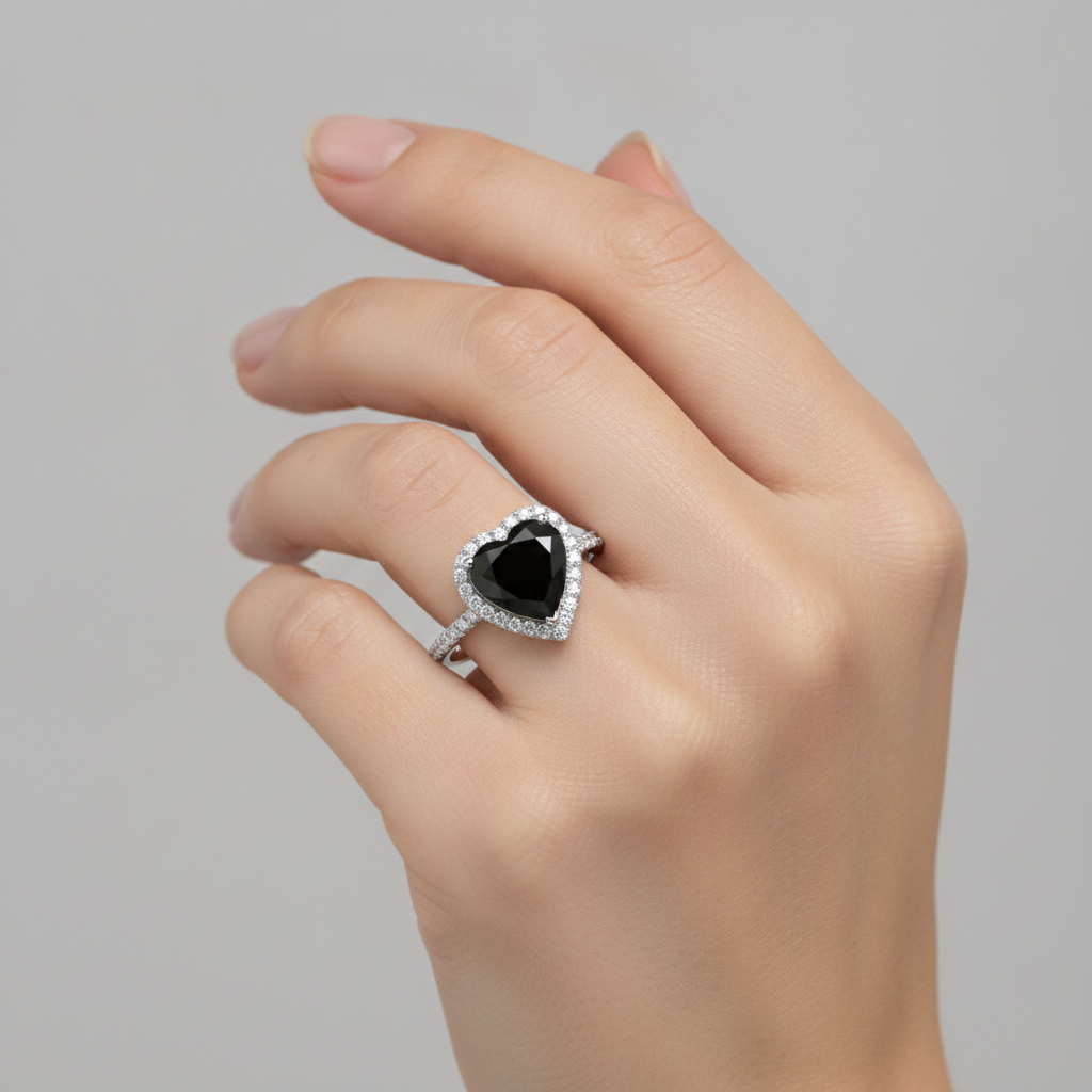 3 Carat Heart Black Diamond and White Diamond Halo Ring Natural 14K White Gold