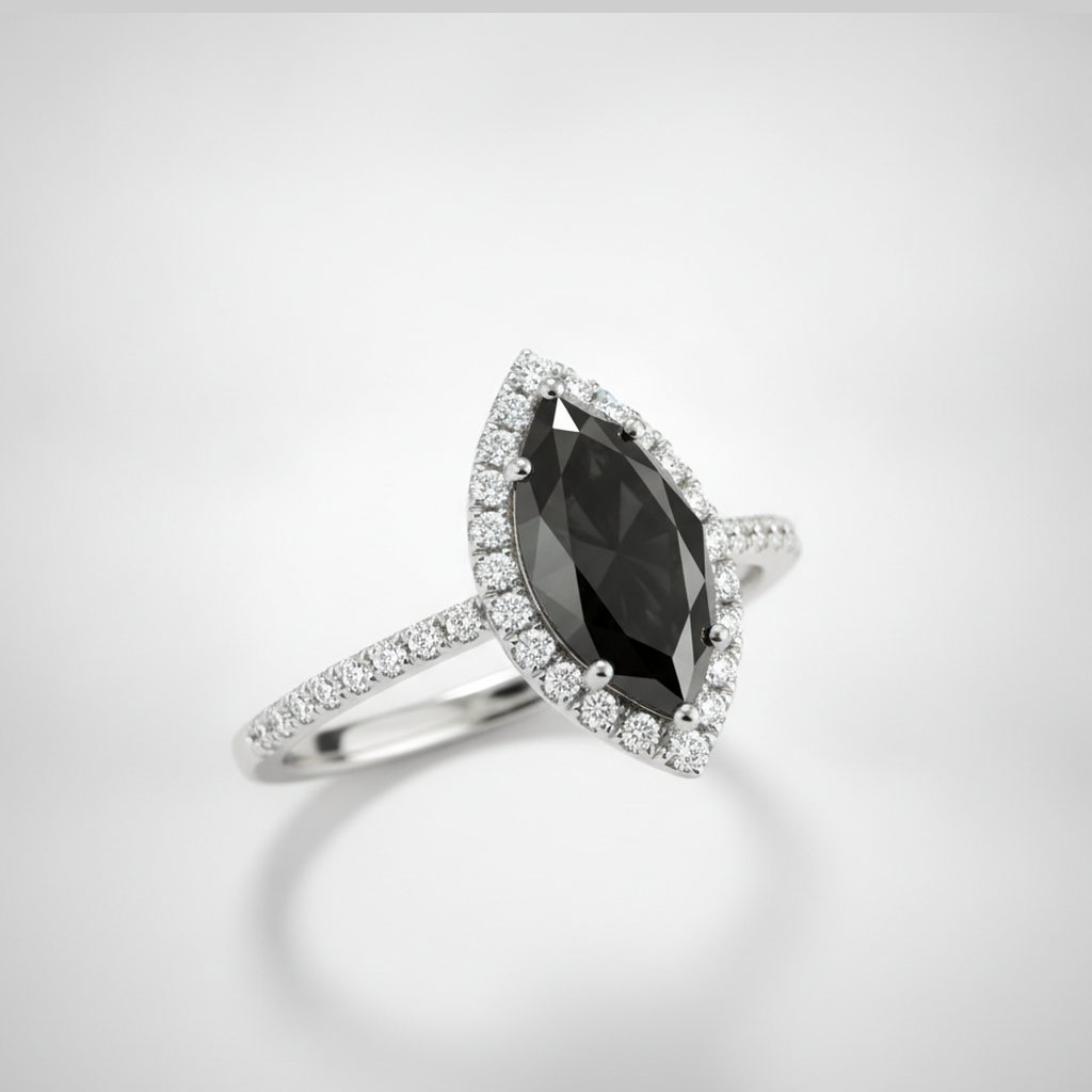 3 Carat Marquise Black Diamond and White Diamond Halo Ring Natural 14K White Gold