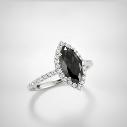 3 Carat Marquise Black Diamond and White Diamond Halo Ring Natural 14K White Gold