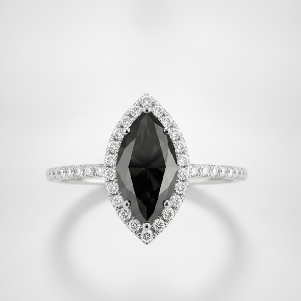 3 Carat Marquise Black Diamond and White Diamond Halo Ring Natural 14K White Gold