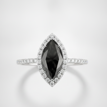 3 Carat Marquise Black Diamond and White Diamond Halo Ring Natural 14K White Gold
