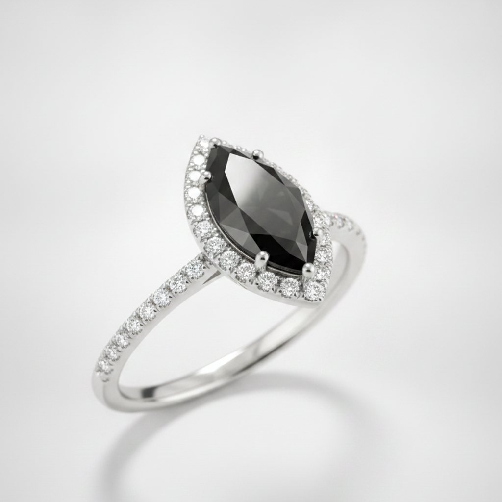 3 Carat Marquise Black Diamond and White Diamond Halo Ring Natural 14K White Gold