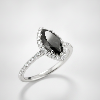 3 Carat Marquise Black Diamond and White Diamond Halo Ring Natural 14K White Gold
