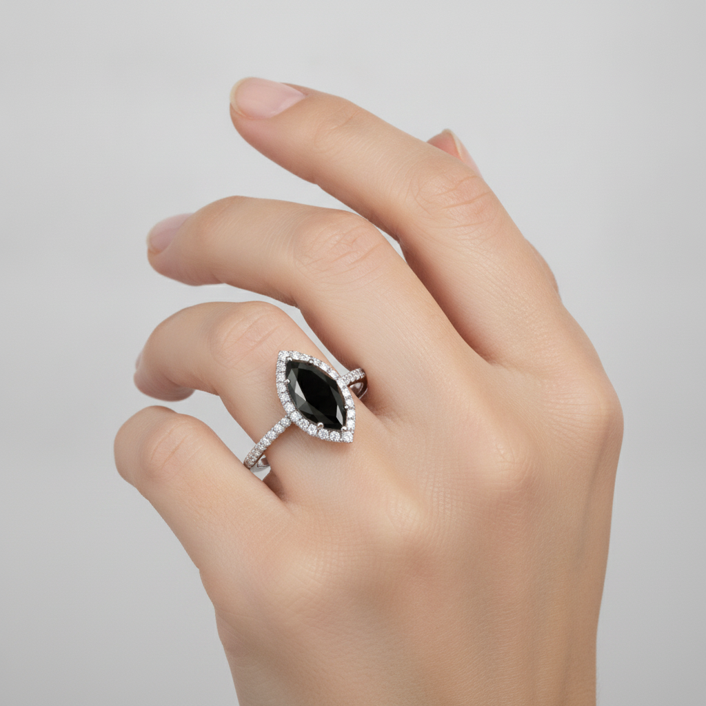 3 Carat Marquise Black Diamond and White Diamond Halo Ring Natural 14K White Gold