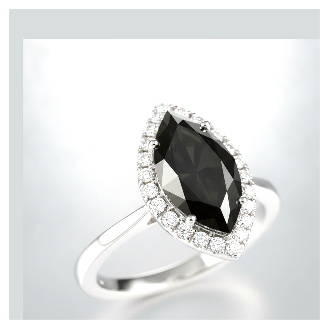 7 Carat Marquise Black Diamond and White Diamond Halo Ring Natural 14K White Gold