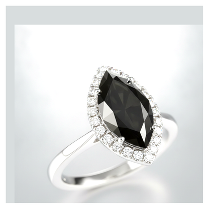 7 Carat Marquise Black Diamond and White Diamond Halo Ring Natural 14K White Gold
