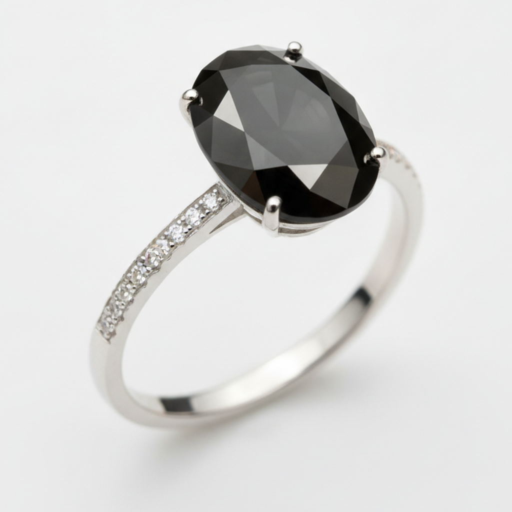 3 Carat Oval Black Diamond Solitaire Ring Natural 14K White Gold