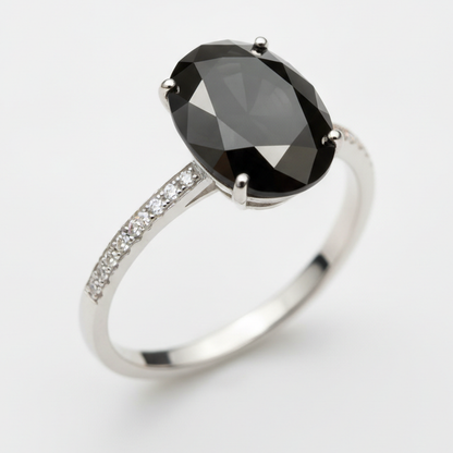 3 Carat Oval Black Diamond Solitaire Ring Natural 14K White Gold