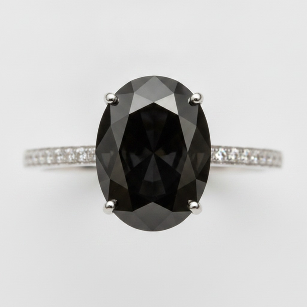 3 Carat Oval Black Diamond Solitaire Ring Natural 14K White Gold