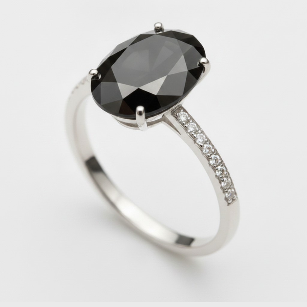 3 Carat Oval Black Diamond Solitaire Ring Natural 14K White Gold