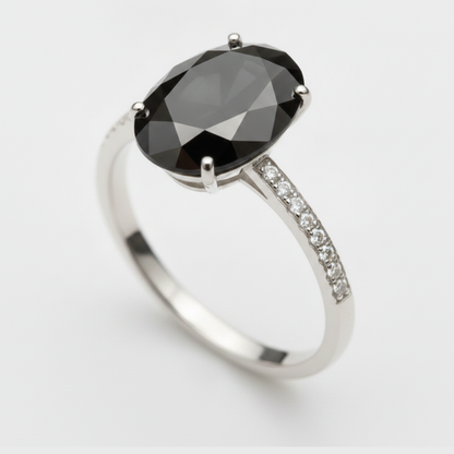 3 Carat Oval Black Diamond Solitaire Ring Natural 14K White Gold
