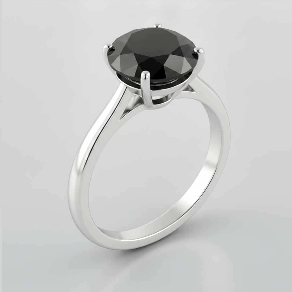 3 Carat Round Black Diamond Solitaire Ring Natural 14K White Gold